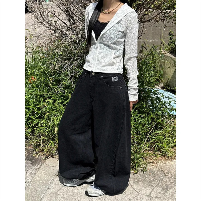 ワイド バギー デニムパンツ 韓国 ストリート系 ロゴ グラフィック 刺繍 デニム ワイドパンツ