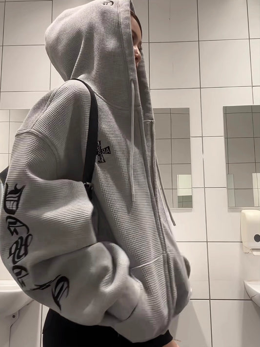 ワッフル ジップパーカー 韓国 ファッション レディース フードロゴ オーバーサイズ パーカー