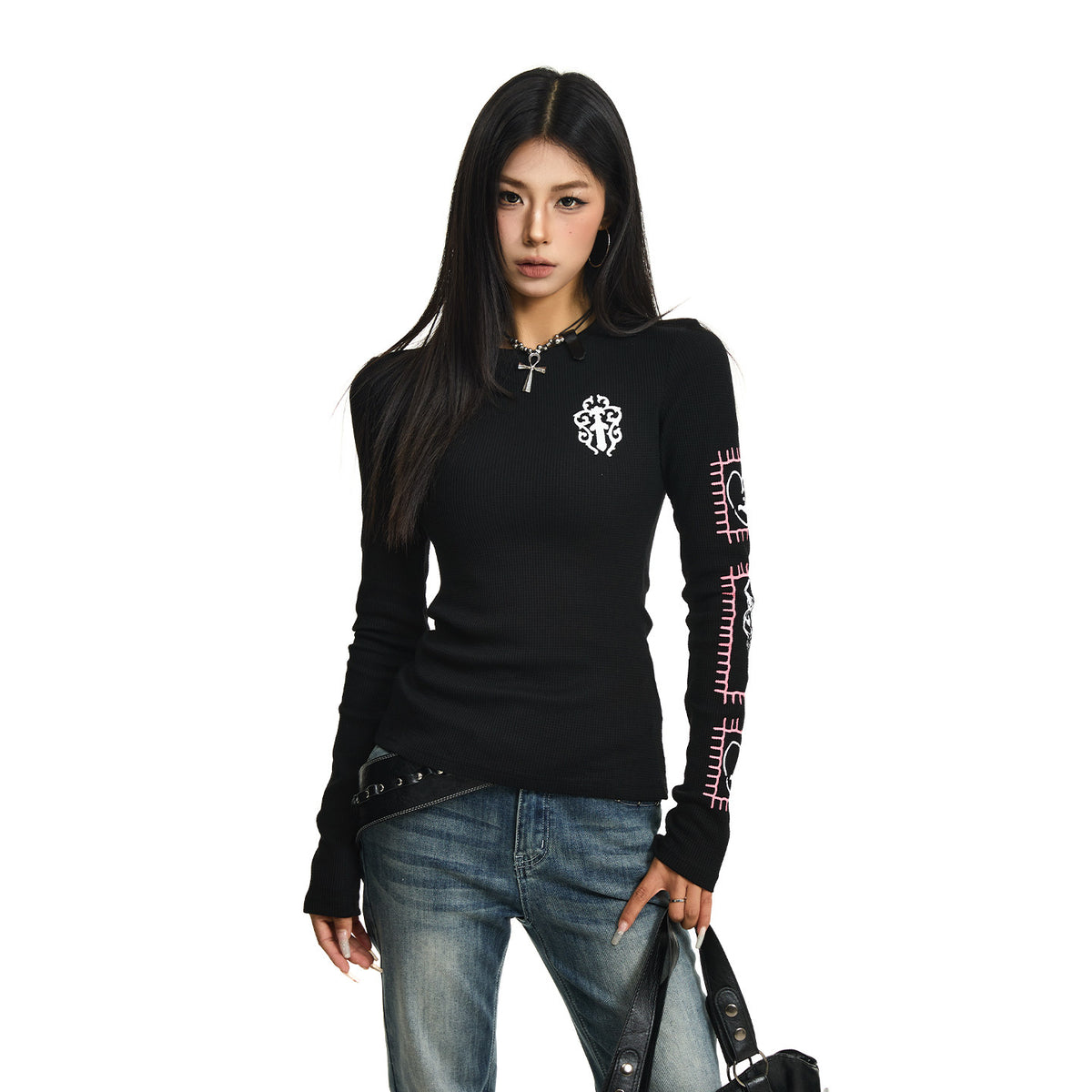 韓国ストリート ワッフル素材 クロスロゴ バックプリント ワッフル ロングTシャツ レディース Y2K ブラック ホワイト