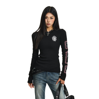 韓国ストリート ワッフル素材 クロスロゴ バックプリント ワッフル ロングTシャツ レディース Y2K ブラック ホワイト