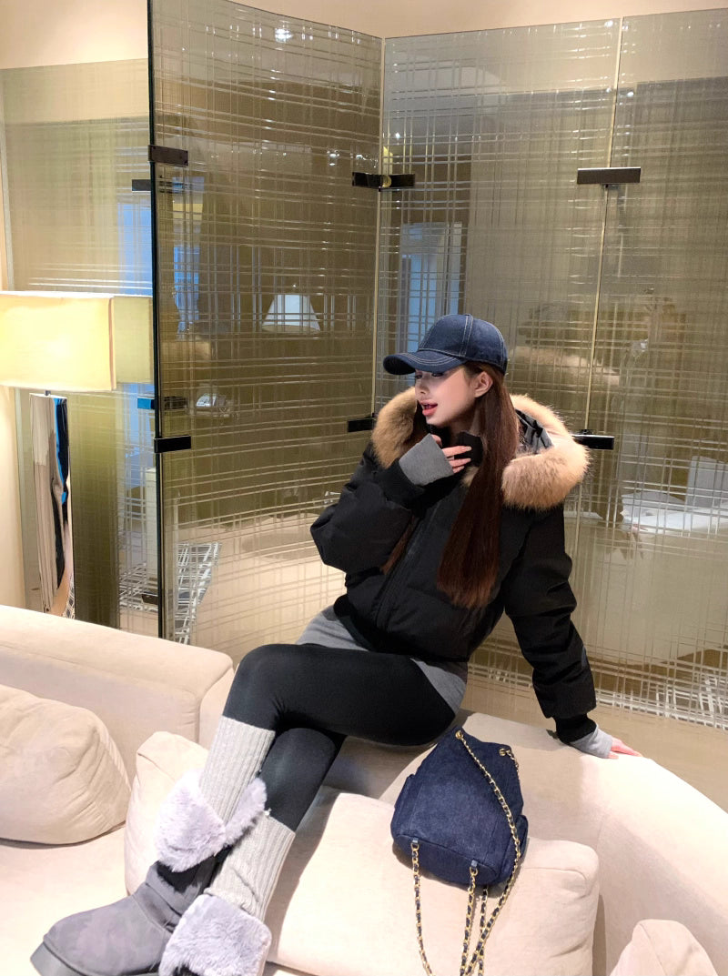 ファーフード ショート パフテック ジャケット 韓国 レトロ  中綿ジャケット 冬用 保温 ジップアップ クロップド丈