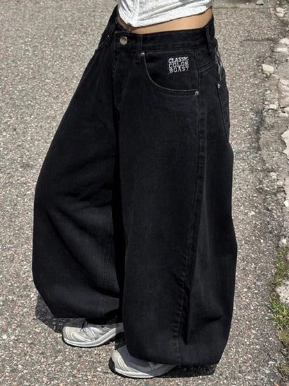 Korean chic autumn American vintage back embroidery letter print distressed jeans bloomers pants women