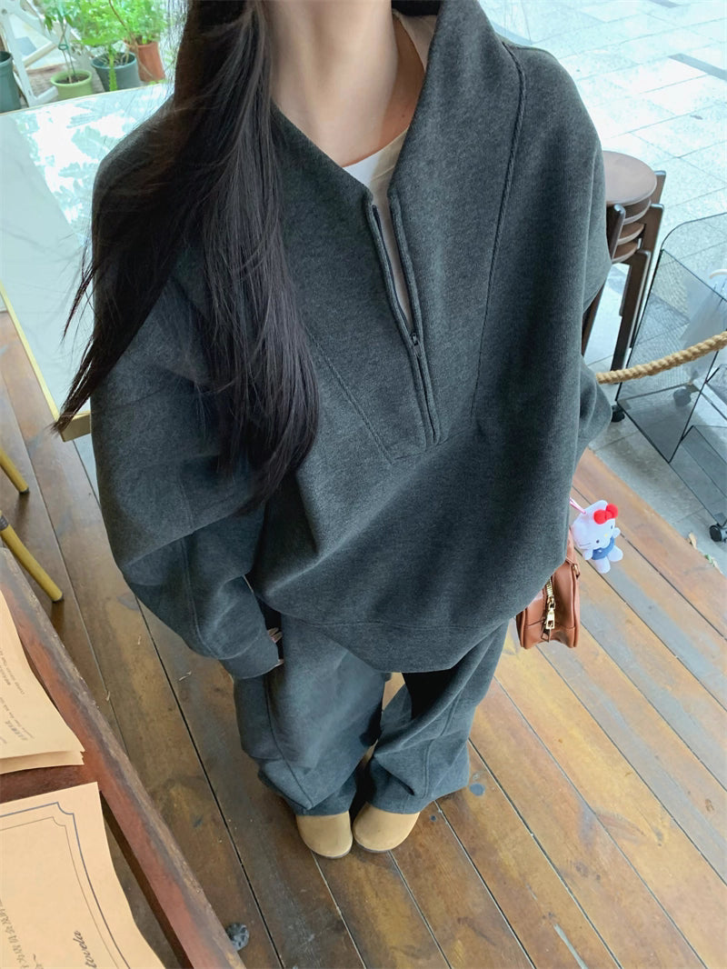 スウェット セットアップ レディース 韓国 ファッション オーバーサイズ ハーフジップ トレーナー ワイドパンツ 上下セット