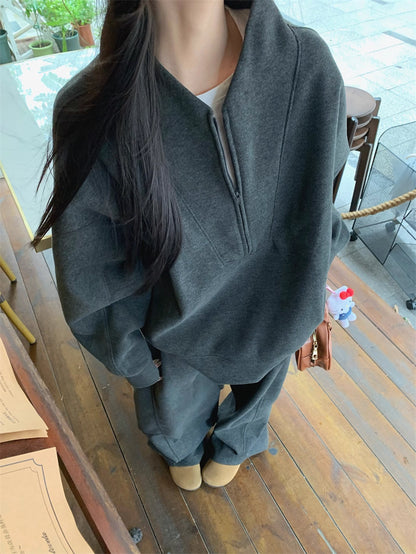 スウェット セットアップ レディース 韓国 ファッション オーバーサイズ ハーフジップ トレーナー ワイドパンツ 上下セット