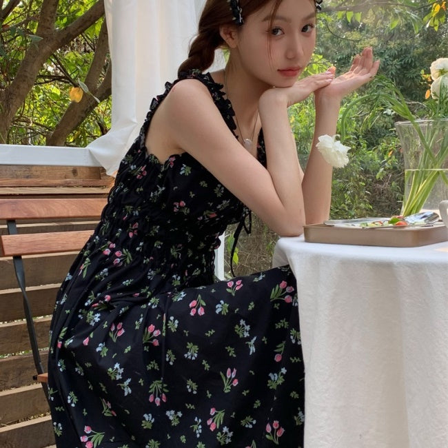 花柄 ノースリーブ 夏 ワンピース 韓国 ファッション レディース Aライン フリル リボン ロングワンピ
