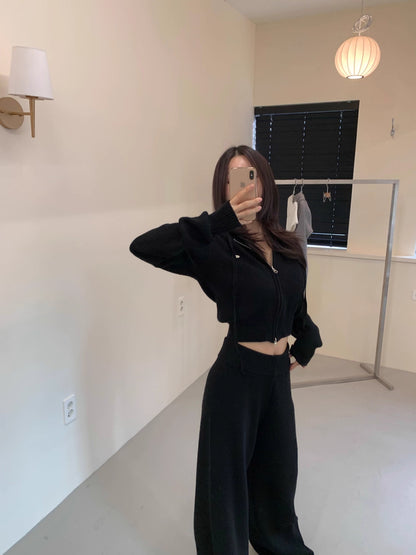 ニット セットアップ クロップド パーカー ワイドパンツ 韓国 ファッション 上下セット ショート丈 フード付きニット