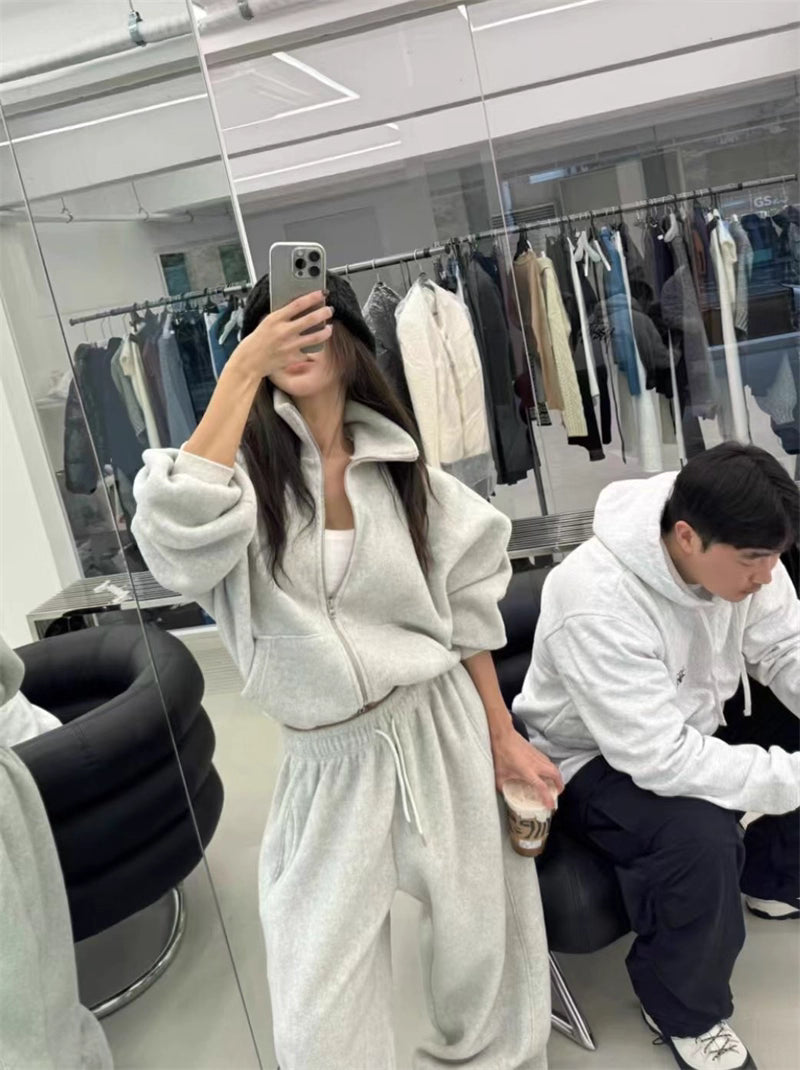 フリース パーカー セットアップ レディース 韓国 ファッション 2025年冬 あったか 上下 ２点 セット スタンドカラー ショート丈 ジップパーカー ドロスト ワイドパンツ
