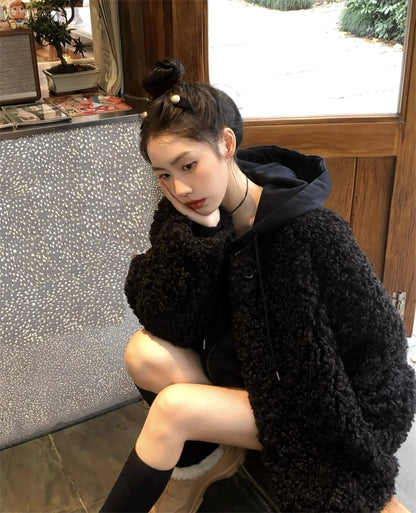 ノーカラー ボアジャケット ブラック 韓国 ファッション オーバーサイズ ボア ジップジャケット