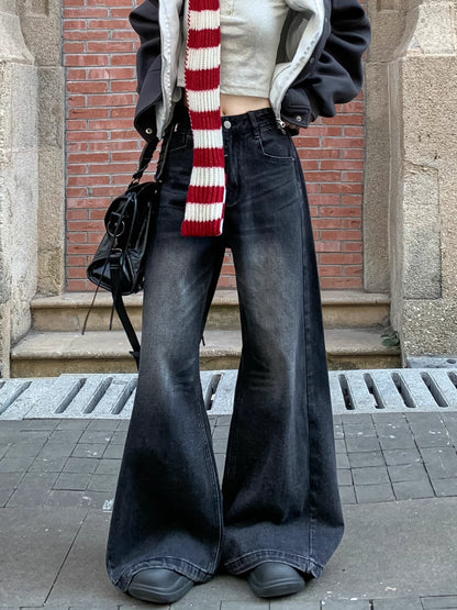 フレア ワイド ブラック デニムパンツ 韓国 ファッション レトロ ヴィンテージ加工 ブラック ジーンズ 秋冬  ゆったり 脚長シルエット