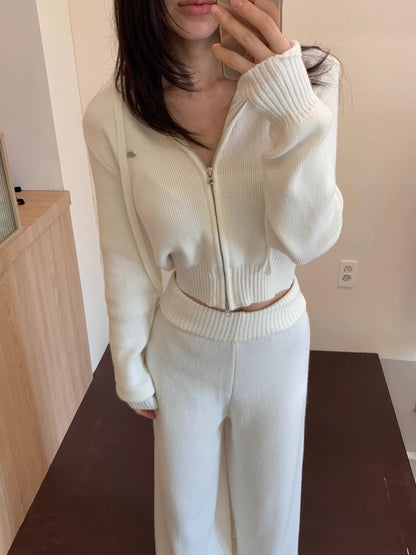 ニット セットアップ クロップド パーカー ワイドパンツ 韓国 ファッション 上下セット ショート丈 フード付きニット