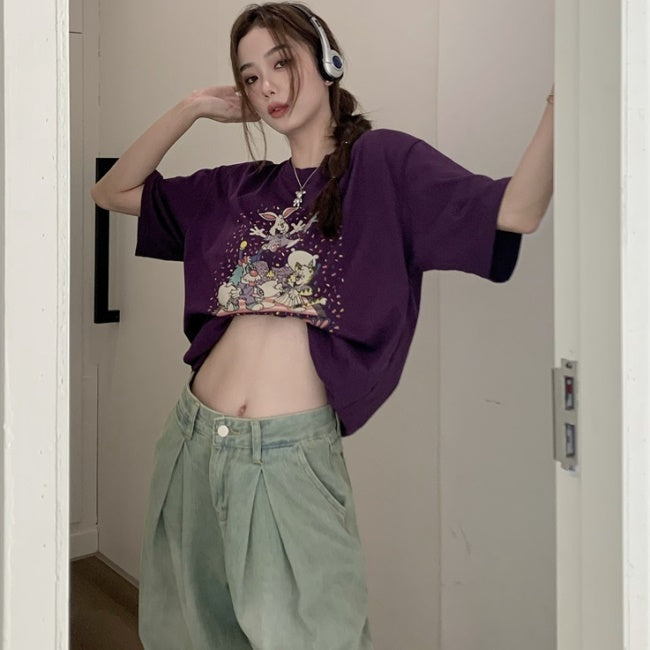 キャラクター グラフィック Tシャツ レディース 韓国 ファッション オーバーサイズ 半袖 夏 トップス パープル かわいい キャラT