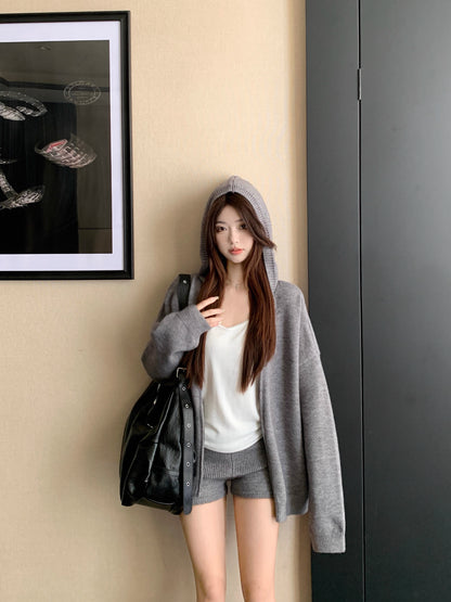 ニット パーカー セットアップ レディース ニット ショートパンツ 上下セット ゆったりフード付き カーディガン ＆ ニットショートパンツ 2点セット