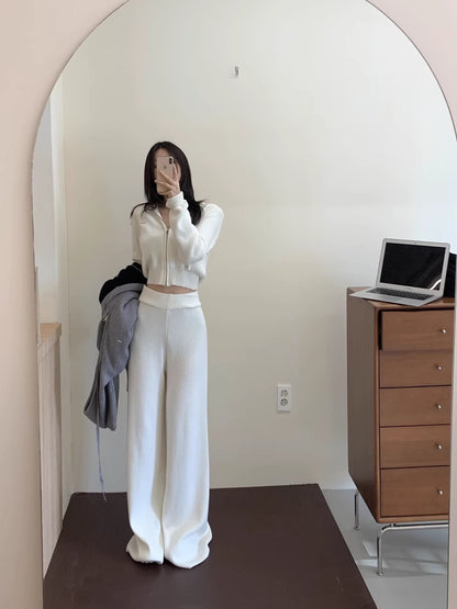 ニット セットアップ クロップド パーカー ワイドパンツ 韓国 ファッション 上下セット ショート丈 フード付きニット