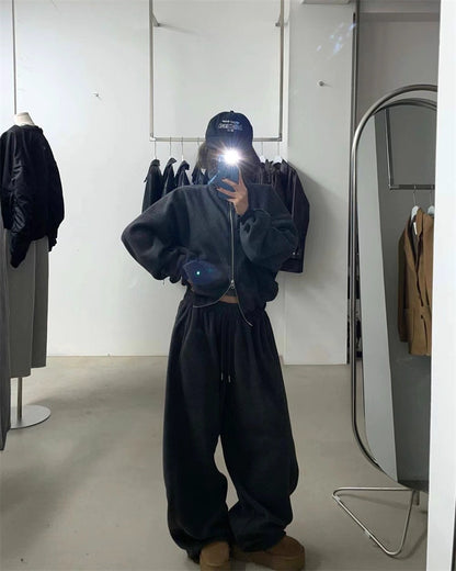 フリース パーカー セットアップ レディース 韓国 ファッション 2025年冬 あったか 上下 ２点 セット スタンドカラー ショート丈 ジップパーカー ドロスト ワイドパンツ