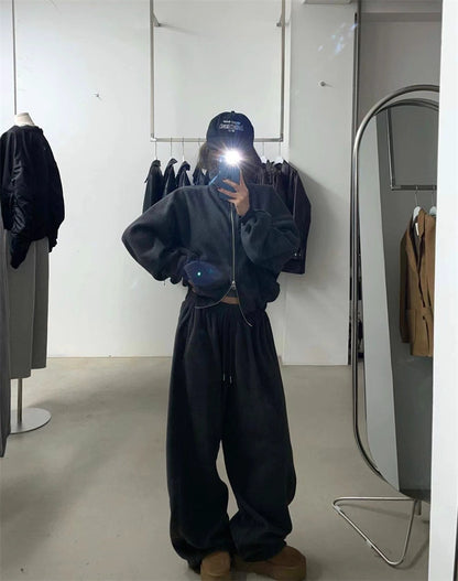 フリース パーカー セットアップ レディース 韓国 ファッション 2025年冬 あったか 上下 ２点 セット スタンドカラー ショート丈 ジップパーカー ドロスト ワイドパンツ