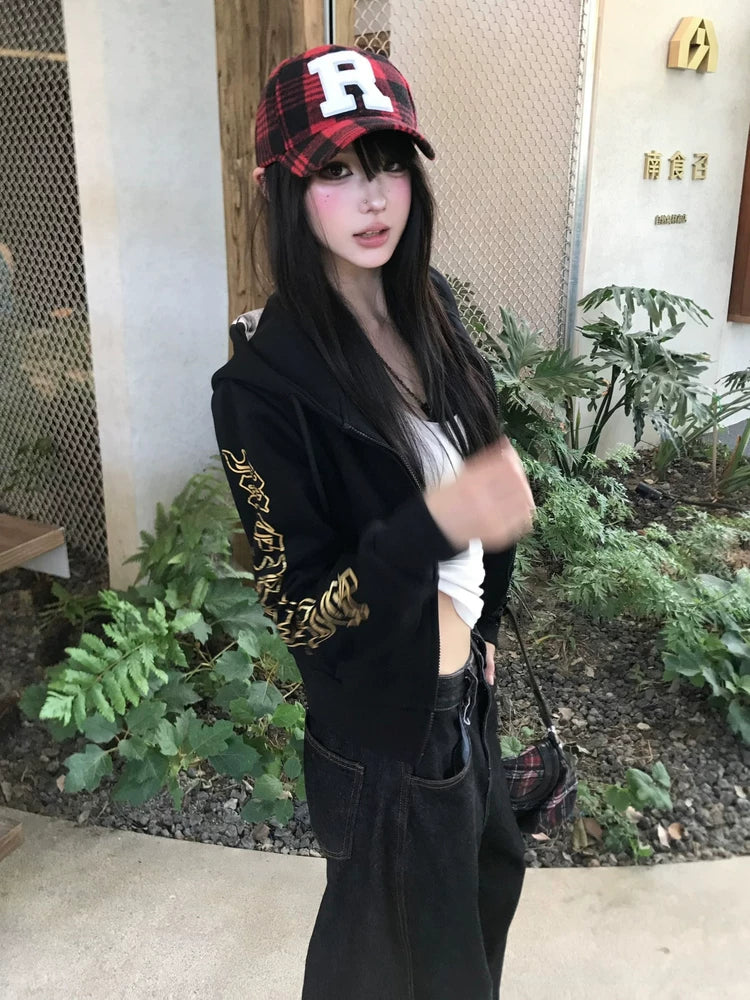 バック ロゴ プリント ジップアップ パーカー レディース 韓国 ストリート アメカジ フーディー