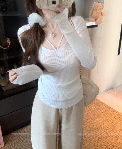 デコルテデザイン リブニット レディース 韓国 ファッション ストレッチ スリムフィット 長袖 ニットトップス