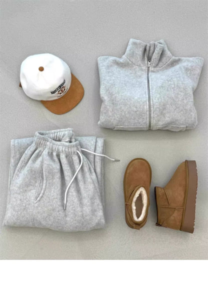 フリース パーカー セットアップ レディース 韓国 ファッション 2025年冬 あったか 上下 ２点 セット スタンドカラー ショート丈 ジップパーカー ドロスト ワイドパンツ