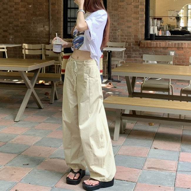 ワイドパンツ レディース 韓国 イージーパンツ 夏服 紐パン シンプル オーバーサイズ パンツ