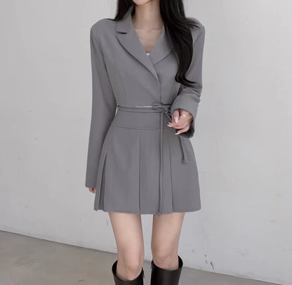 韓国風 ショートジャケット セットアップ レディース プリーツミニスカート 2点セット リボン クロップド JKT