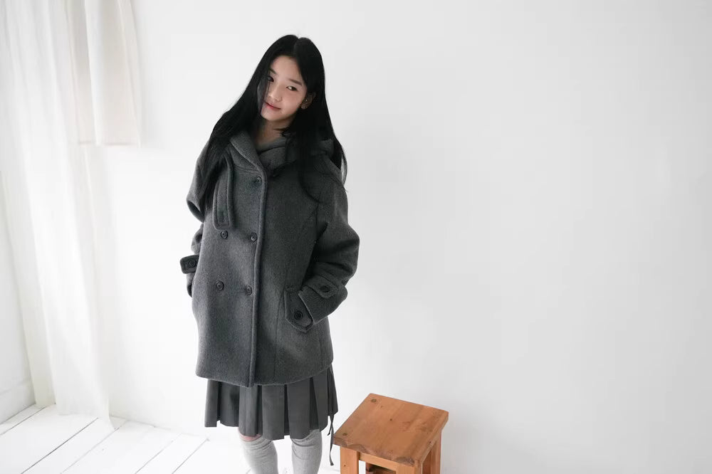 フード付 ミドルコート レディース 韓国ファッション 冬 ダブル Pコート