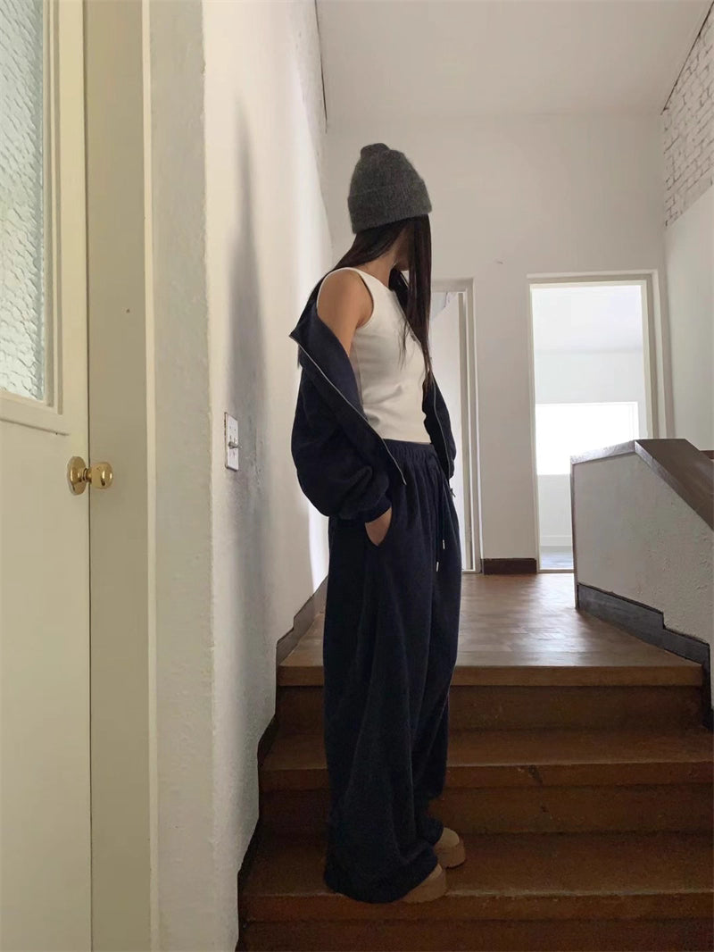 フリース パーカー セットアップ レディース 韓国 ファッション 2025年冬 あったか 上下 ２点 セット スタンドカラー ショート丈 ジップパーカー ドロスト ワイドパンツ