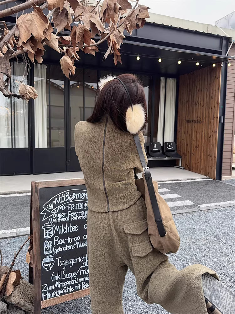 ボア セットアップ レディース 韓国 ファッション クロップド ショート ジャケット ワイドパンツ 上下セット