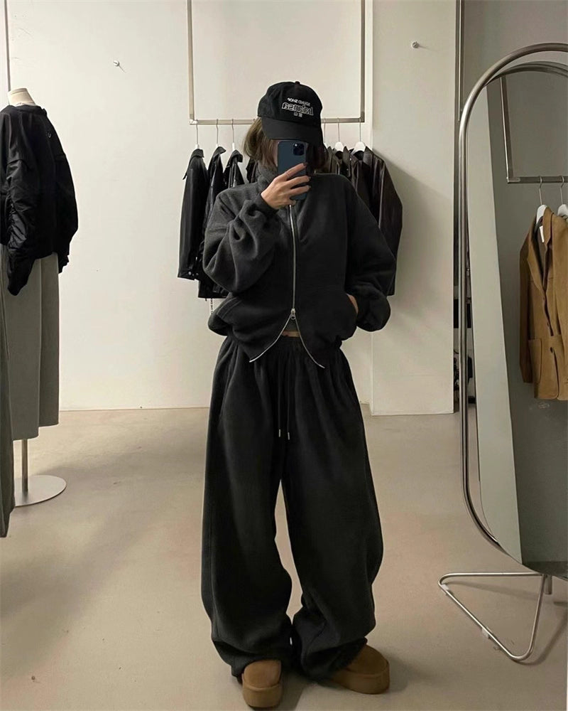 フリース パーカー セットアップ レディース 韓国 ファッション 2025年冬 あったか 上下 ２点 セット スタンドカラー ショート丈 ジップパーカー ドロスト ワイドパンツ