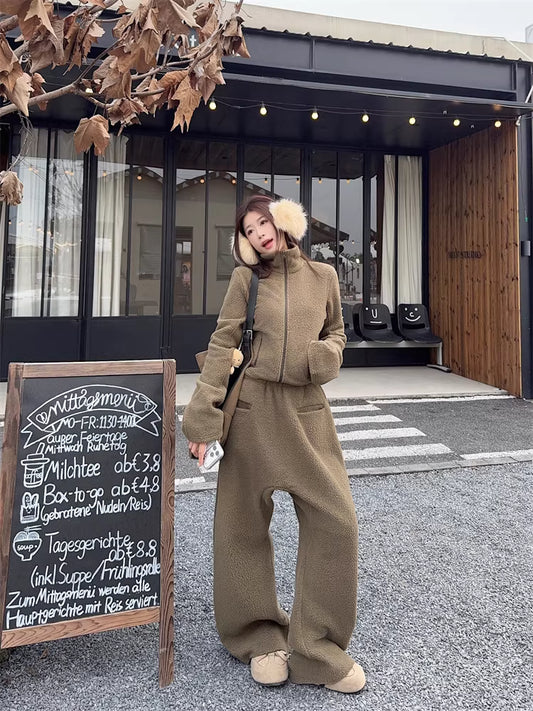 ボア セットアップ レディース 韓国 ファッション クロップド ショート ジャケット ワイドパンツ 上下セット