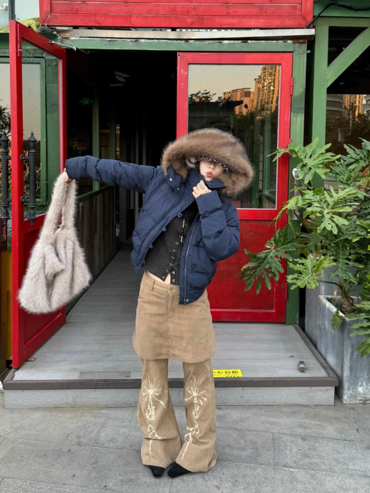 ファーフード ショート パファージャケット レディース 韓国 ファッション パテッド ショート フーディ