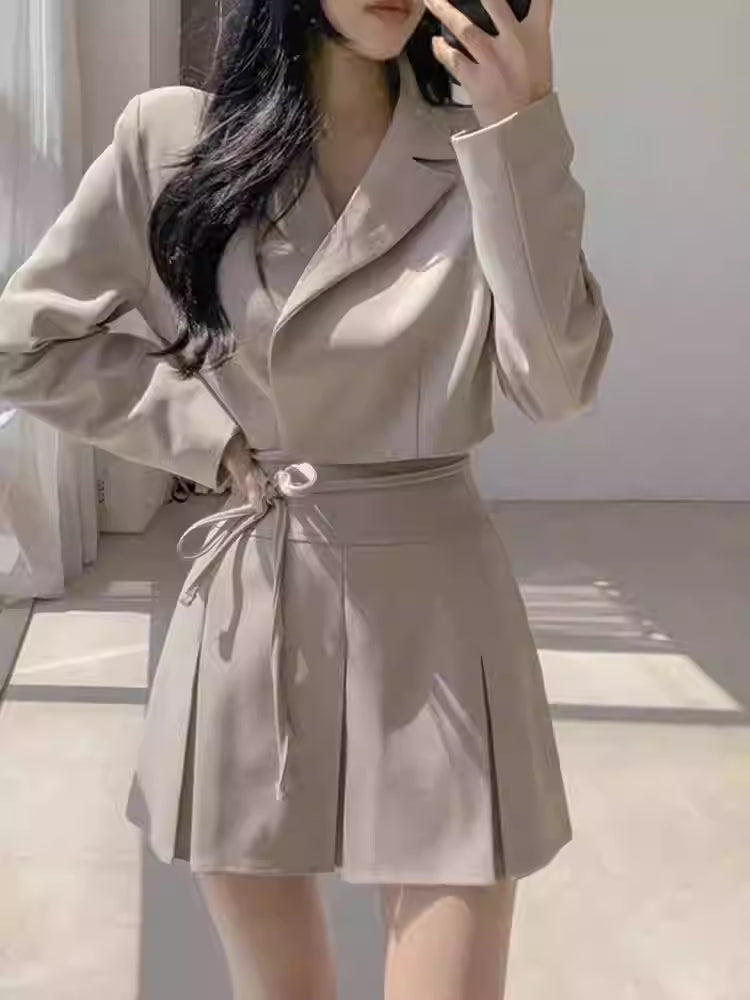 韓国風 ショートジャケット セットアップ レディース プリーツミニスカート 2点セット リボン クロップド JKT
