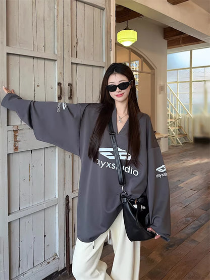 オーバーサイズ ロゴ ロンT シャツ 韓国 レディース アメリカン レトロ スポーティ ビッグシルエット トレーニングウェア