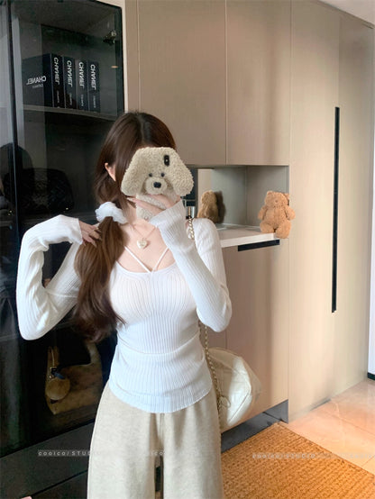 デコルテデザイン リブニット レディース 韓国 ファッション ストレッチ スリムフィット 長袖 ニットトップス