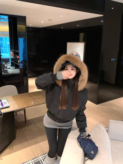 ファーフード ショート パフテック ジャケット 韓国 レトロ  中綿ジャケット 冬用 保温 ジップアップ クロップド丈