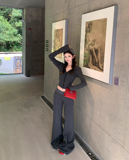 ボーダー ジップパーカー セットアップ レディース リラックス ストレッチ クロップド パーカー ワイドパンツ スウェット 上下セット