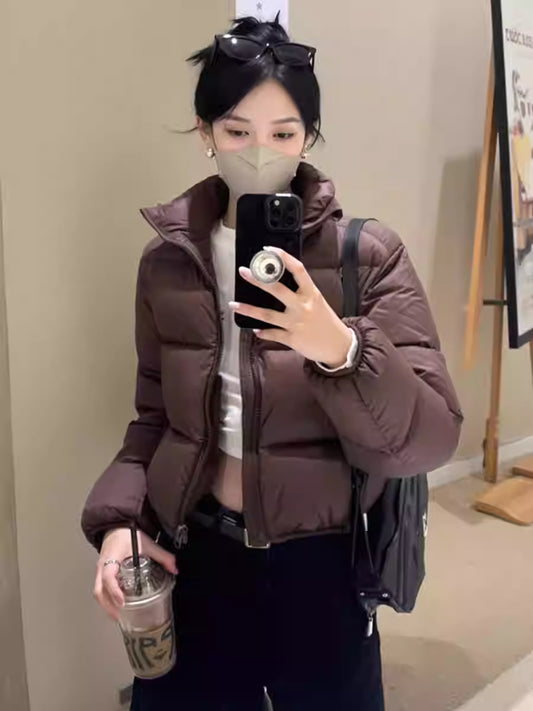 スタンドカラー ショート丈 パファージャケット 韓国 ファッション ブラウン 中綿ジャケット レディース