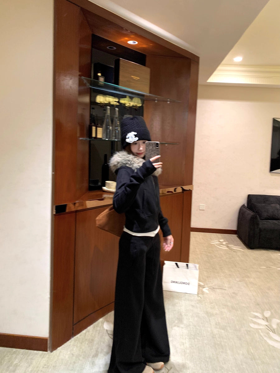 ファーフード ショート パーカー セットアップ レディース 韓国 ファッション ファー襟ジップスウェット×ワイドパンツ 上下セット