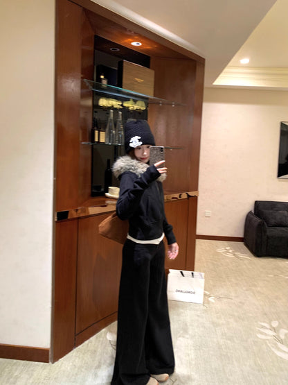 ファーフード ショート パーカー セットアップ レディース 韓国 ファッション ファー襟ジップスウェット×ワイドパンツ 上下セット