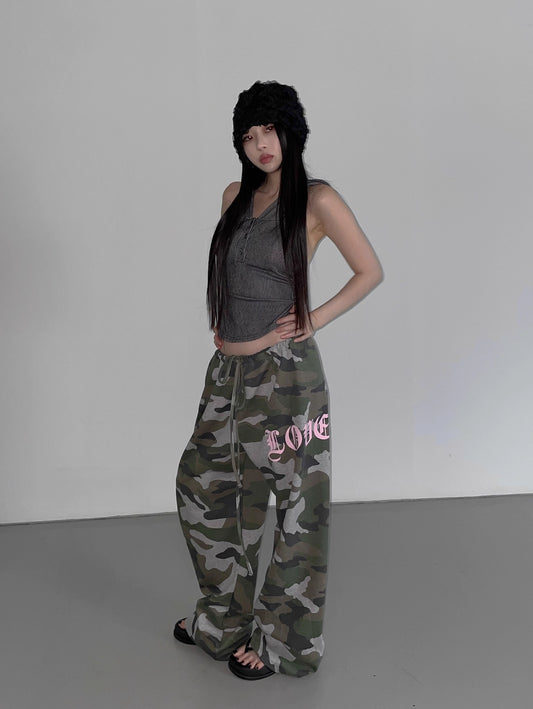 カモフラ スウェット ワイド パンツ 韓国 ファッション ストリートウェア 迷彩 ワイドパンツ Y2K プリント カジュアルパンツ