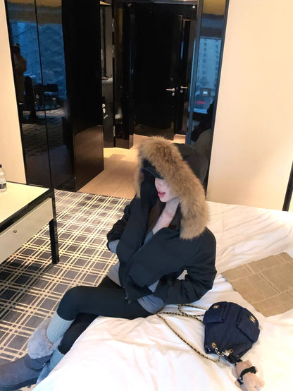 ファーフード ショート パフテック ジャケット 韓国 レトロ  中綿ジャケット 冬用 保温 ジップアップ クロップド丈