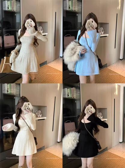 フレンチ ニット ミニワンピース 韓国 ファッション  長袖 Uネック ケーブルニット フレア ワンピ