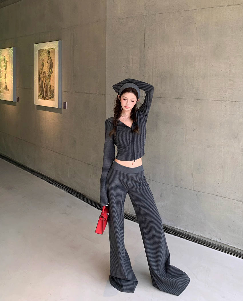 ボーダー ジップパーカー セットアップ レディース リラックス ストレッチ クロップド パーカー ワイドパンツ スウェット 上下セット