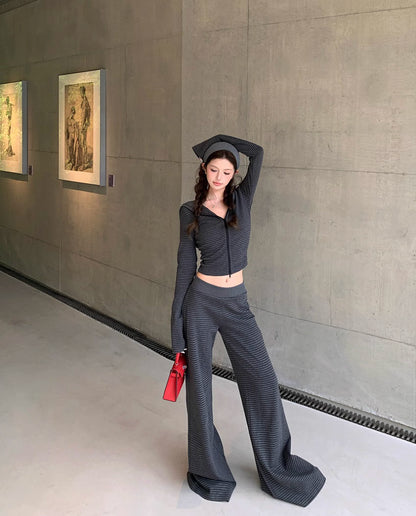 ボーダー ジップパーカー セットアップ レディース リラックス ストレッチ クロップド パーカー ワイドパンツ スウェット 上下セット