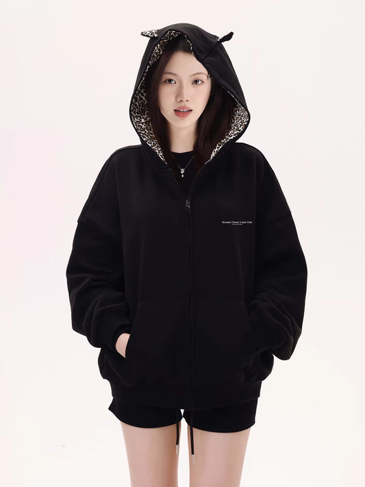 パーカー レディース レオパード フード ジップパーカー オーバーサイズ トップス