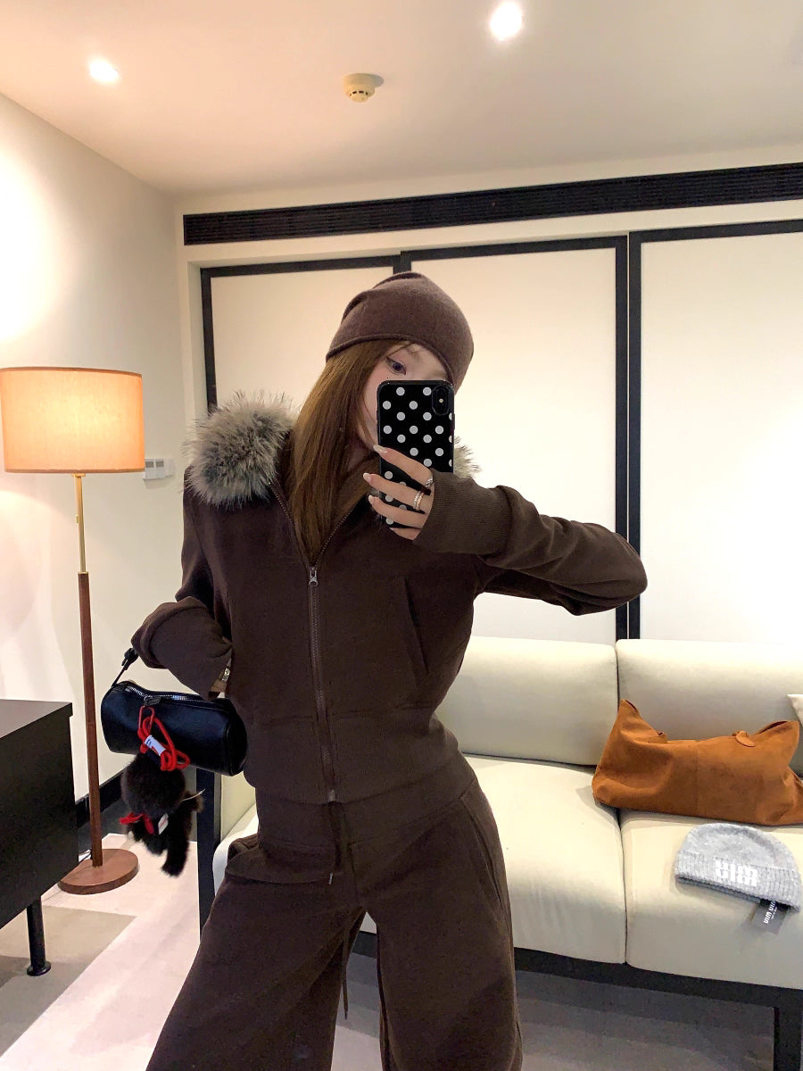 ファーフード ショート パーカー セットアップ レディース 韓国 ファッション ファー襟ジップスウェット×ワイドパンツ 上下セット