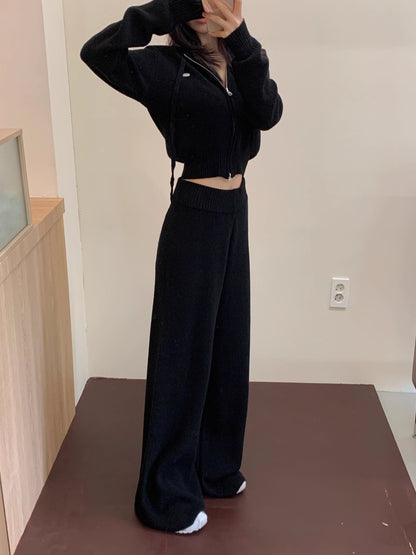 ニット セットアップ クロップド パーカー ワイドパンツ 韓国 ファッション 上下セット ショート丈 フード付きニット