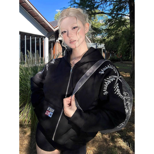 ロゴ デザイン ジップアップ パーカー レディース 韓国 ファッション レトロ レタリング刺繍 ジップスウェット トップス