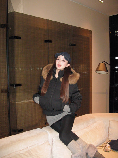 ファーフード ショート パフテック ジャケット 韓国 レトロ  中綿ジャケット 冬用 保温 ジップアップ クロップド丈