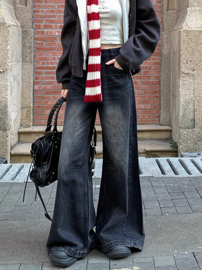 フレア ワイド ブラック デニムパンツ 韓国 ファッション レトロ ヴィンテージ加工 ブラック ジーンズ 秋冬  ゆったり 脚長シルエット