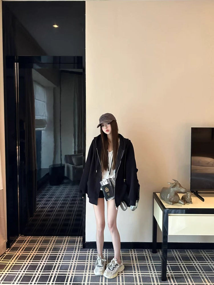 オーバーサイズ ジップ パーカー レディース 韓国  ファッション 定番 アメカジ ビッグシルエット フーディ 春